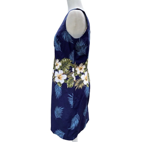 KYs Hawaiian Hibiscus Flowers Palm Leaves Shift Dress Blue Large - Picture 2 of 6